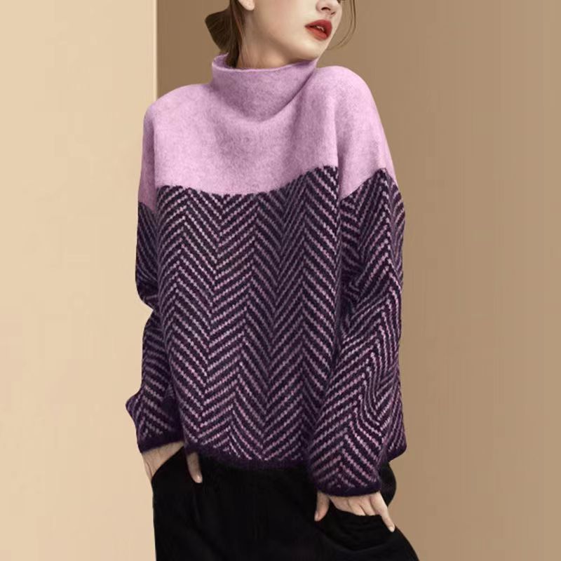 Beiger Zweifarbiger Rollkragenpullover – Clara