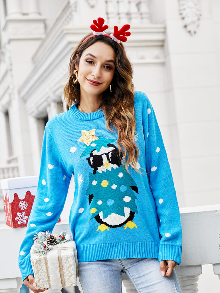 Roter Strickpullover mit Pinguin – Elias