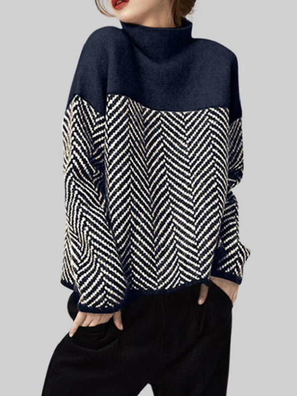 Beiger Zweifarbiger Rollkragenpullover – Clara