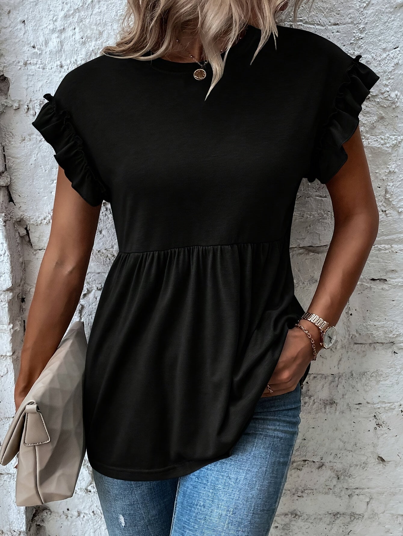 Olivgrünes T-Shirt mit Rüschen - Ella