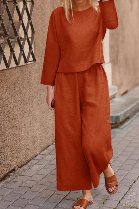 Luftiges - leinen-set mit layered top & weiten hosenbeinen
