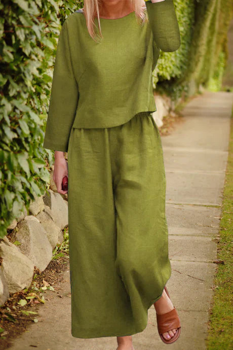 Luftiges - leinen-set mit layered top & weiten hosenbeinen