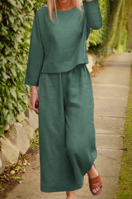 Luftiges - leinen-set mit layered top & weiten hosenbeinen