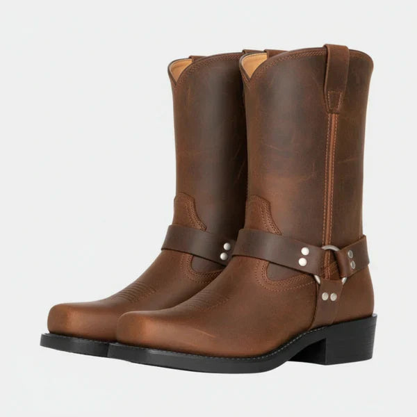 Damen-lederstiefeletten mit nieten, biker-absatz und riemen – damen