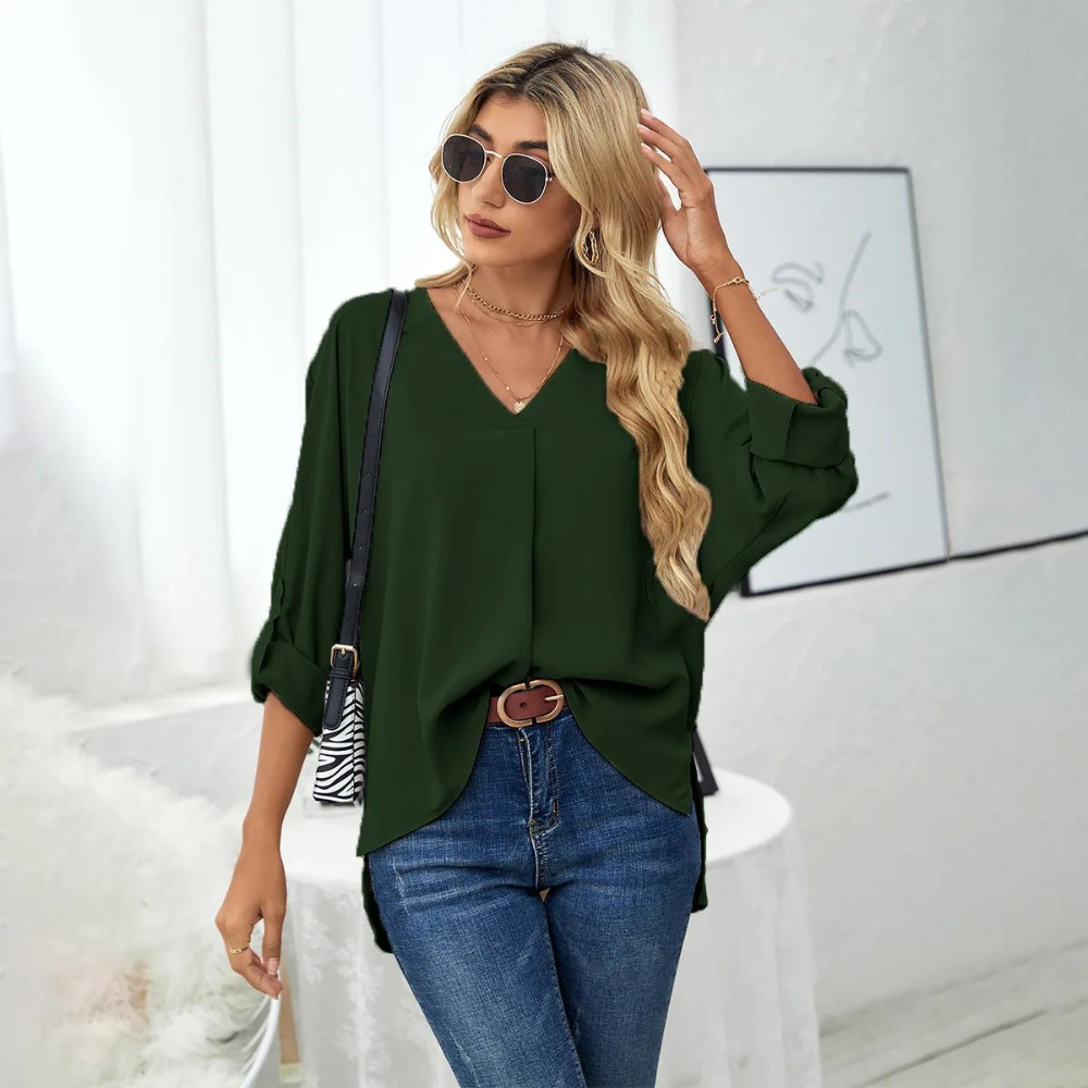 Schwarze Bluse mit V-Ausschnitt und Krempelärmeln - Mia