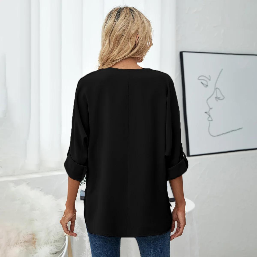 Schwarze Bluse mit V-Ausschnitt und Krempelärmeln - Mia