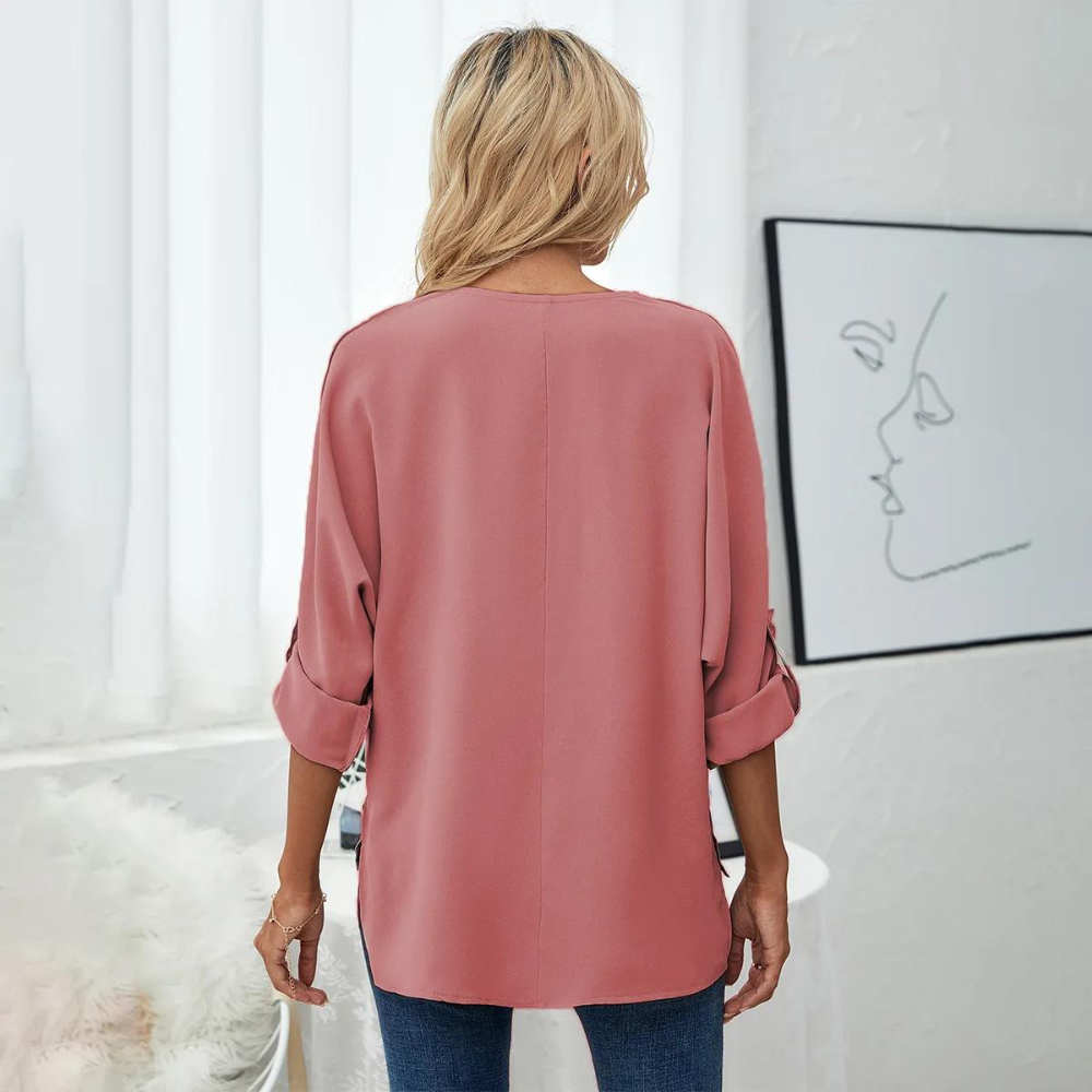 Schwarze Bluse mit V-Ausschnitt und Krempelärmeln - Mia