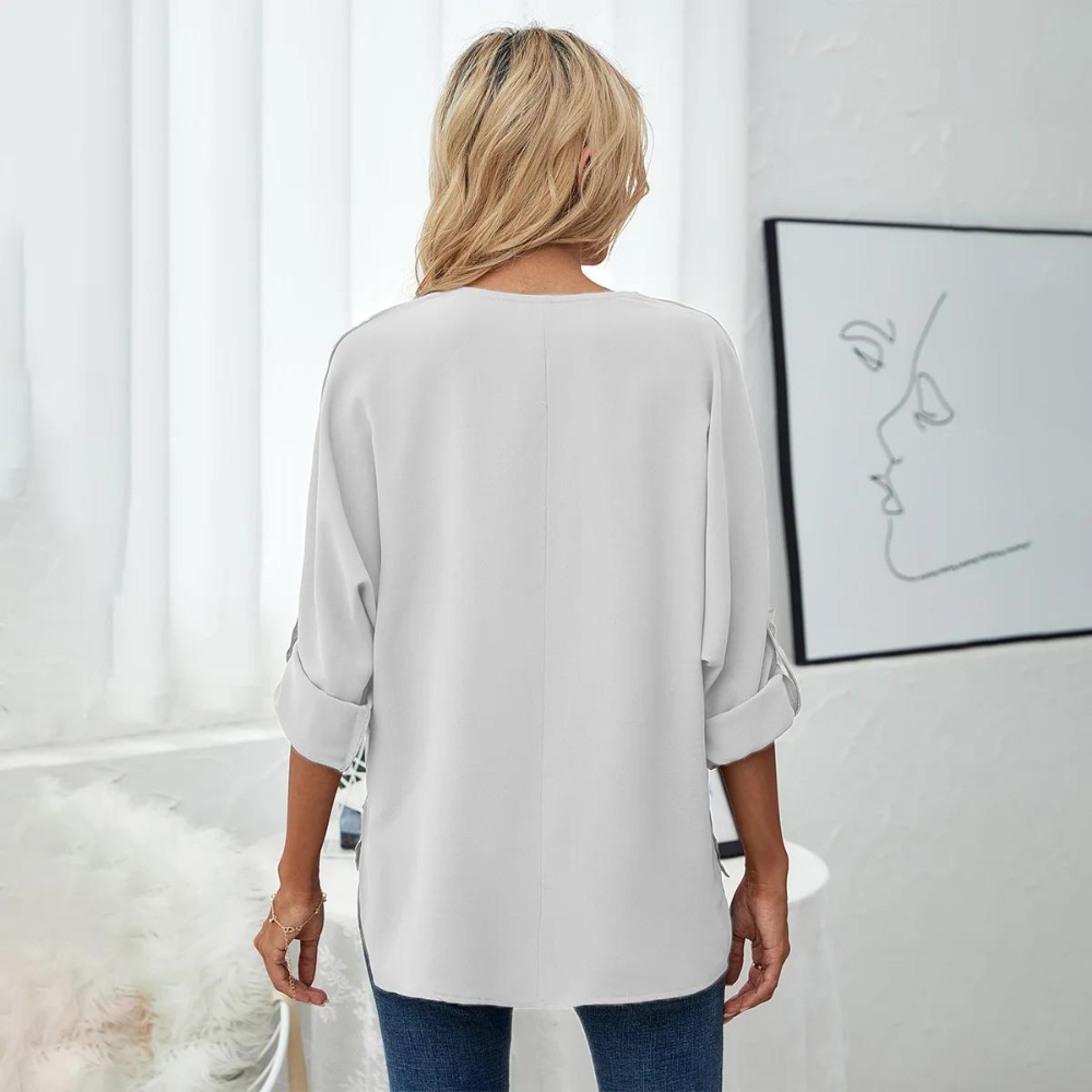 Schwarze Bluse mit V-Ausschnitt und Krempelärmeln - Mia