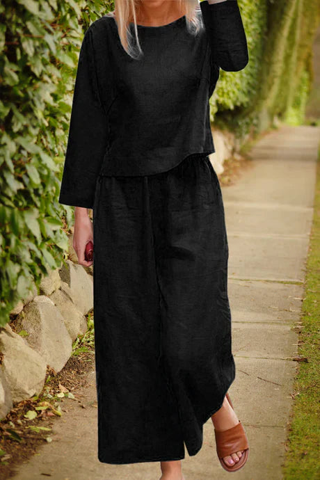 Luftiges - leinen-set mit layered top & weiten hosenbeinen