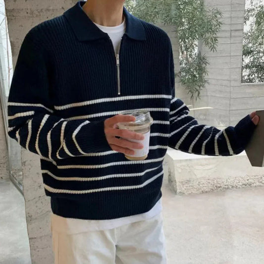 Gestreifter herren-pullover mit viertelreißverschluss – herren