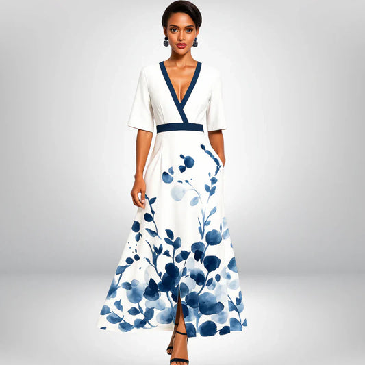 Elegantes wickelkleid mit blumenmuster in saphirblau – damen