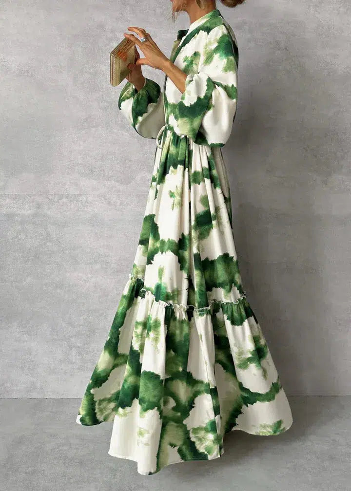 Charlotte – elegantes grünes Maxikleid mit v-ausschnitt und langen armeln