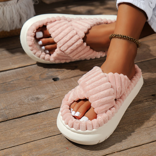 Schwarze Plüsch-Slipper mit Kreuzband - Mia