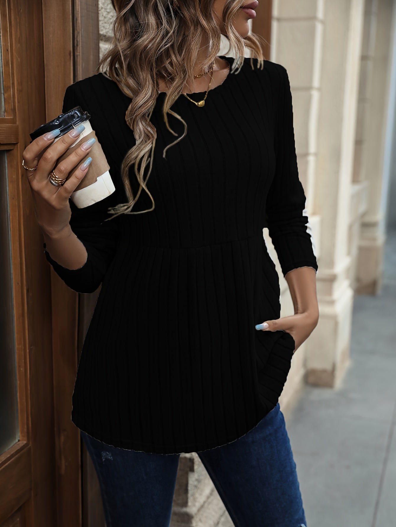 Apricotfarbener Rippstrickpullover – Mila