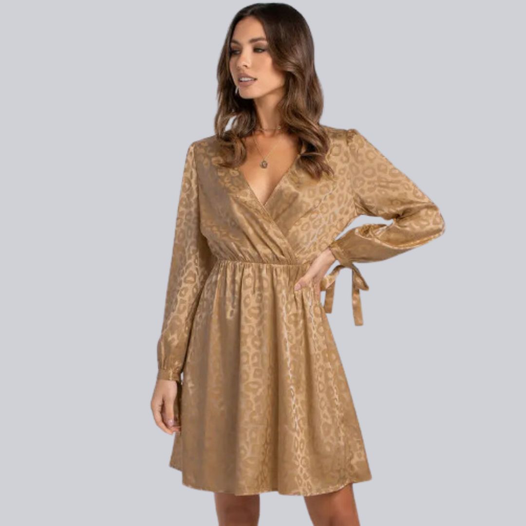 Isabella - Khakifarbenes Jacquard-Wickelkleid