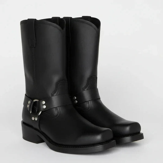 Damen-lederstiefeletten mit nieten, biker-absatz und riemen – damen