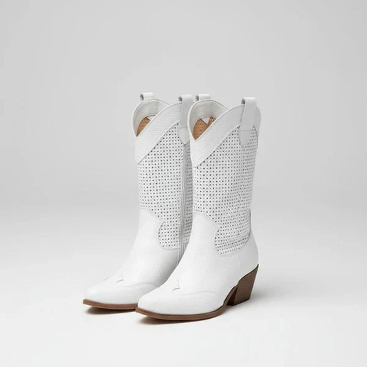 Damen-cowgirl-stiefeletten mit perforation und western-absatz – damen