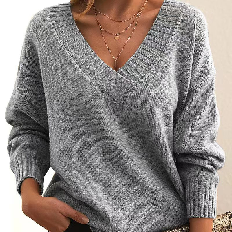 Langärmliger v-ausschnitt-pullover mit geripptem saum – damen
