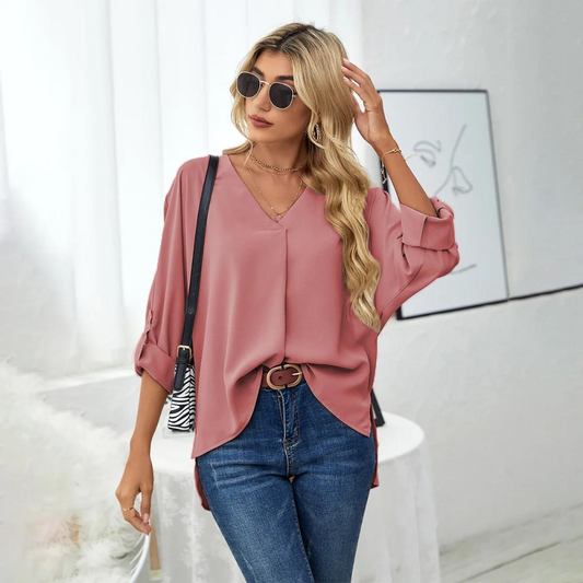 Schwarze Bluse mit V-Ausschnitt und Krempelärmeln - Mia