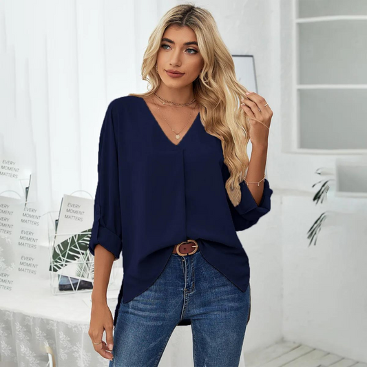 Schwarze Bluse mit V-Ausschnitt und Krempelärmeln - Mia