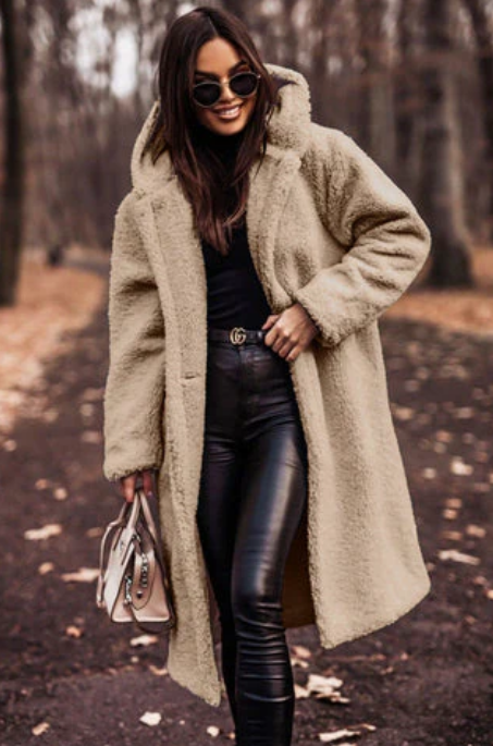 Laura – modischer langer teddy-mantel mit kapuze