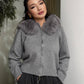 Damen strickjacke grau mit kapuze & kunstpelz – warme winterjacke