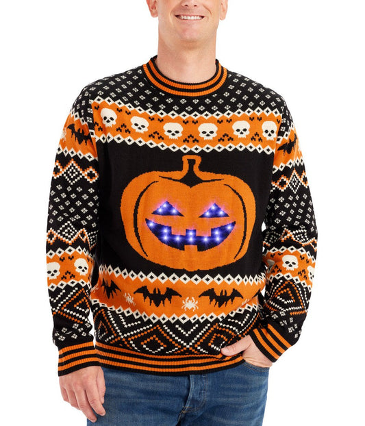 Schwarzer und oranger Halloween-Pullover mit leuchtendem Kürbis – LED Sweater Max