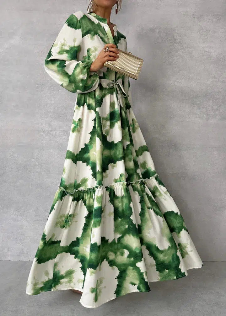 Charlotte – elegantes grünes Maxikleid mit v-ausschnitt und langen armeln