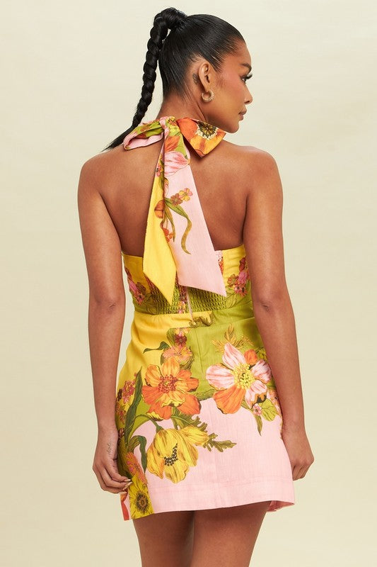 Warteliste 31.07. ♥ dules neckholder-minikleid mit ausschnitt und blumendruck in grün