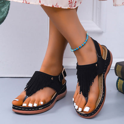 Clara - Boho Fransen Sandalen in Schwarz