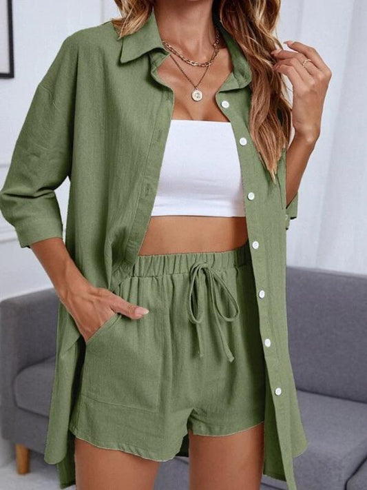 Mia - Grün Casual Shirt-Shorts Kombi