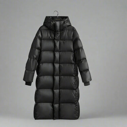 Langer damen-wintermantel mit kapuze und steppung - damen